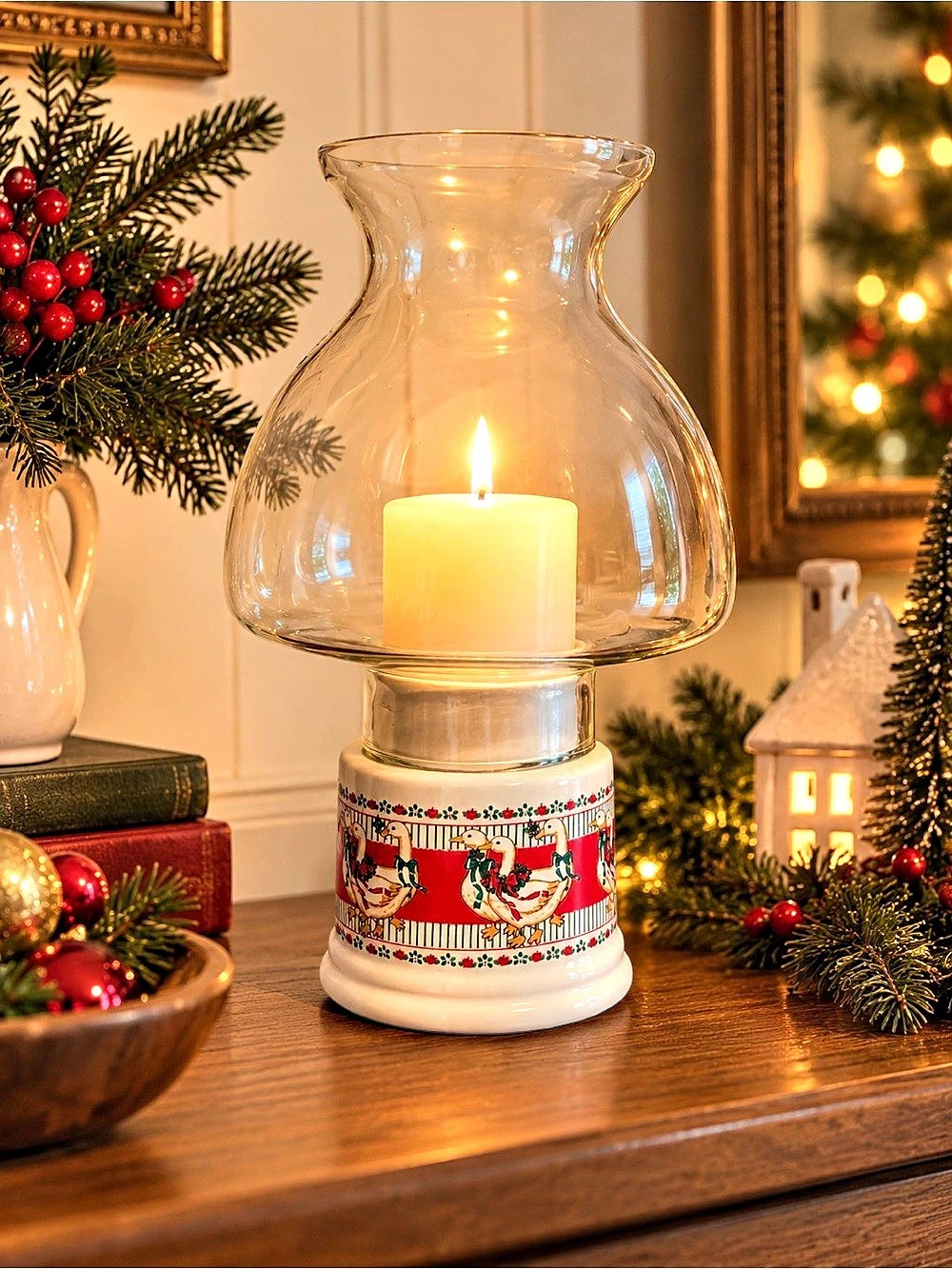 Vintage Christmas Goose Hurricane Candle Holder